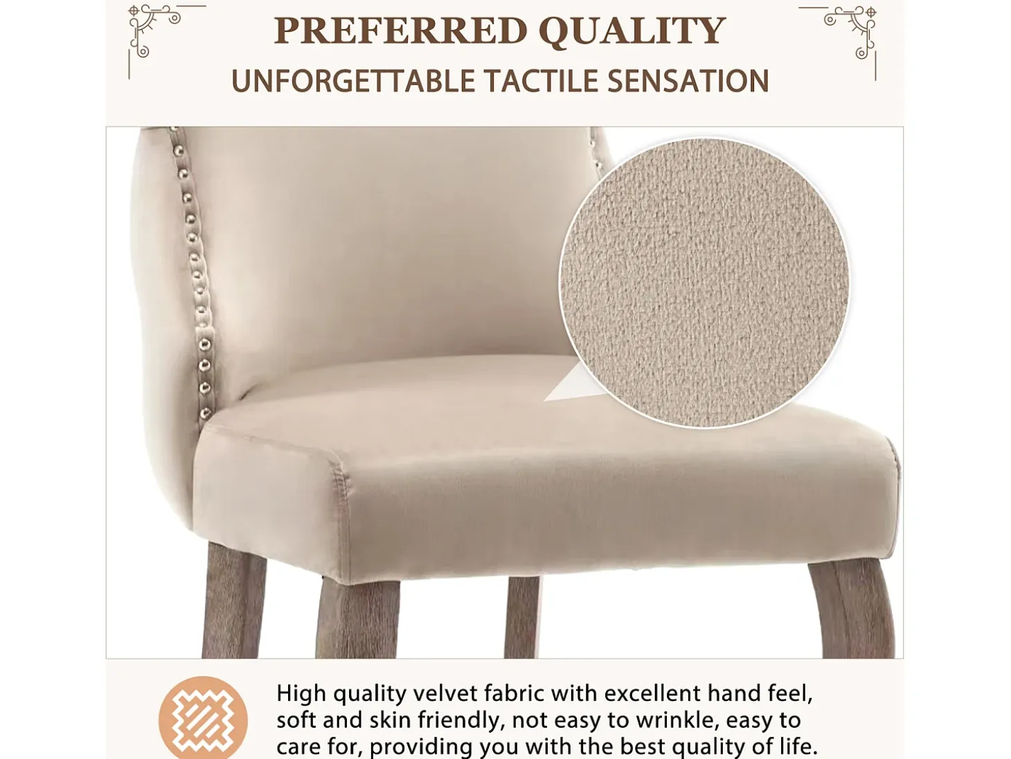 Conjunto de 6 sillas de terciopelo beige - Silla de 4 patas con costura de botones estructura de madera maciza para comedor - 91x50x49cm