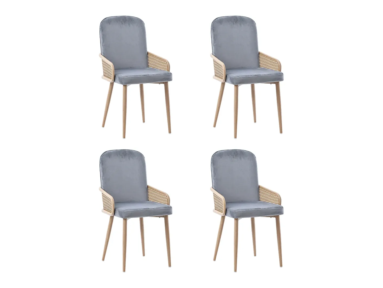 Conjunto de 4 sillas de terciopelo con patas de metal - Diseño de ratán - Gris y madera clara