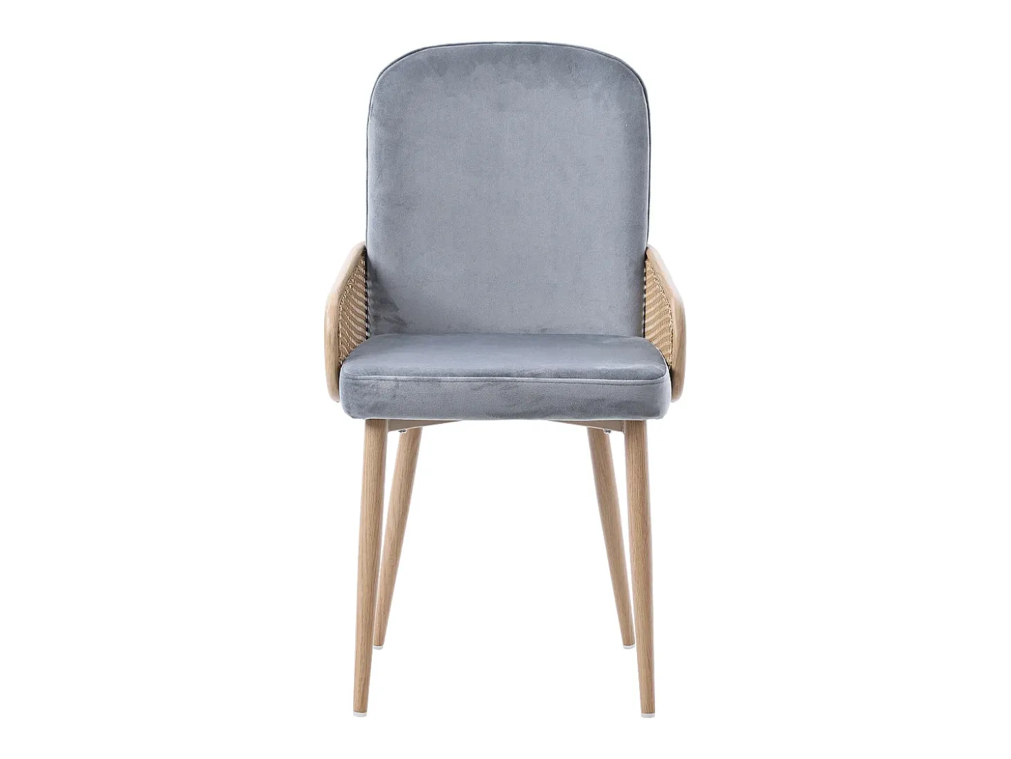 Conjunto de 4 sillas de terciopelo con patas de metal - Diseño de ratán - Gris y madera clara