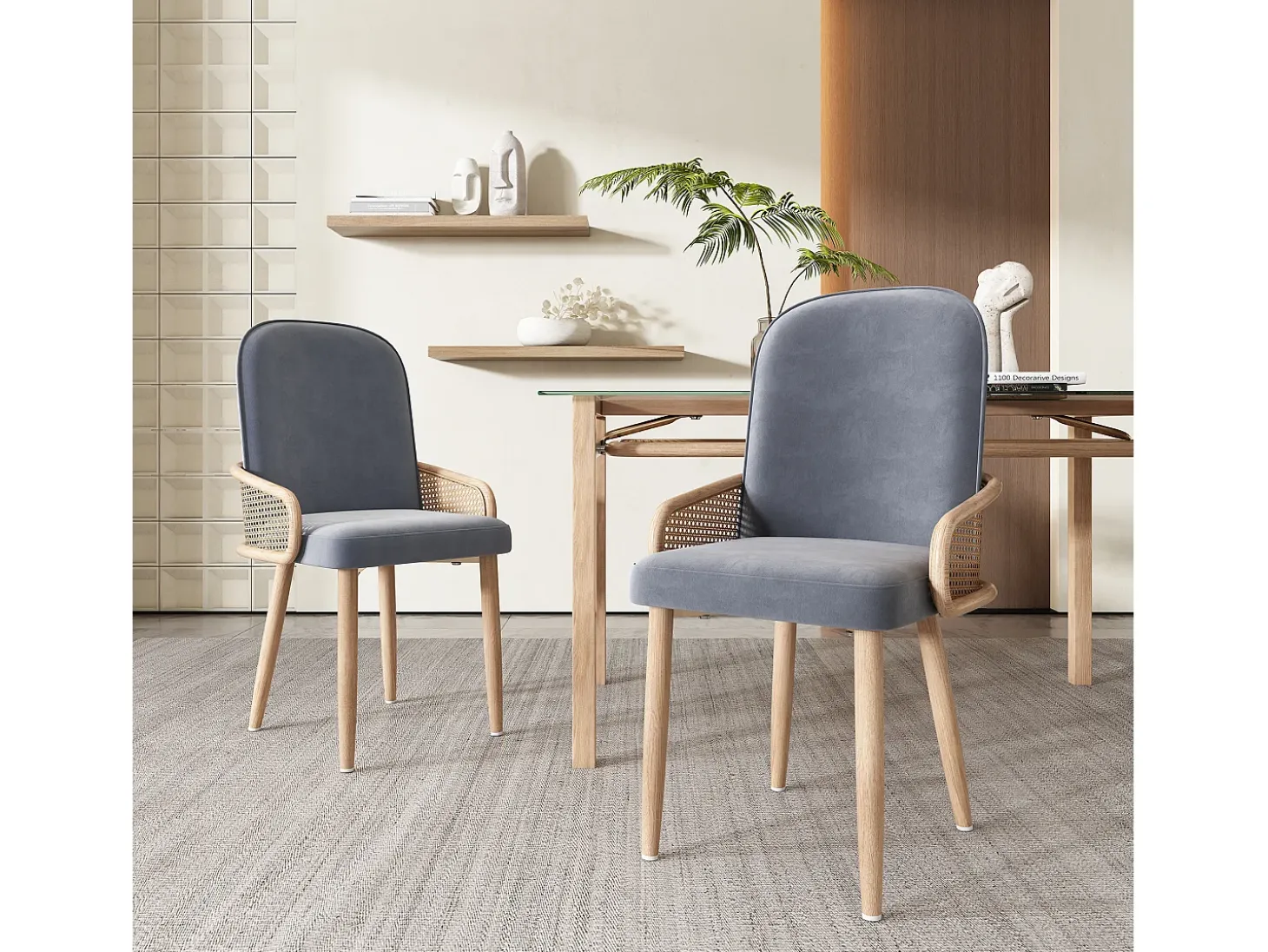 Conjunto de 4 sillas de terciopelo con patas de metal - Diseño de ratán - Gris y madera clara