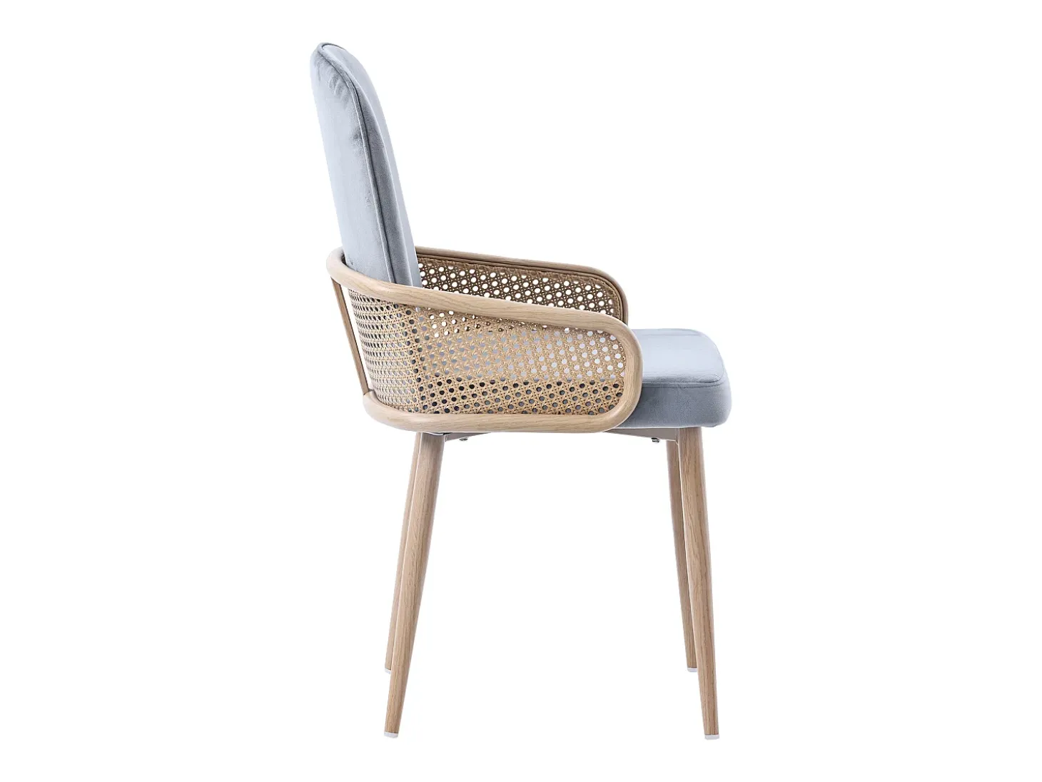Conjunto de 4 sillas de terciopelo con patas de metal - Diseño de ratán - Gris y madera clara