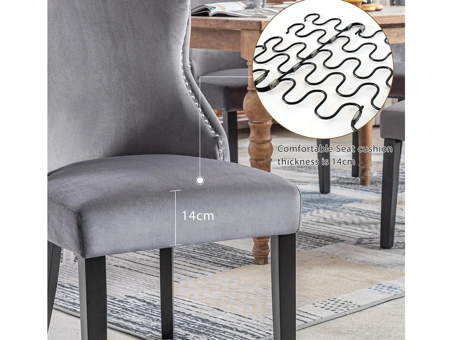 Conjunto de 2 sillas de terciopelo gris - Silla de 4 patas con costura de botones estructura de madera maciza para comedor - 91x50x49cm