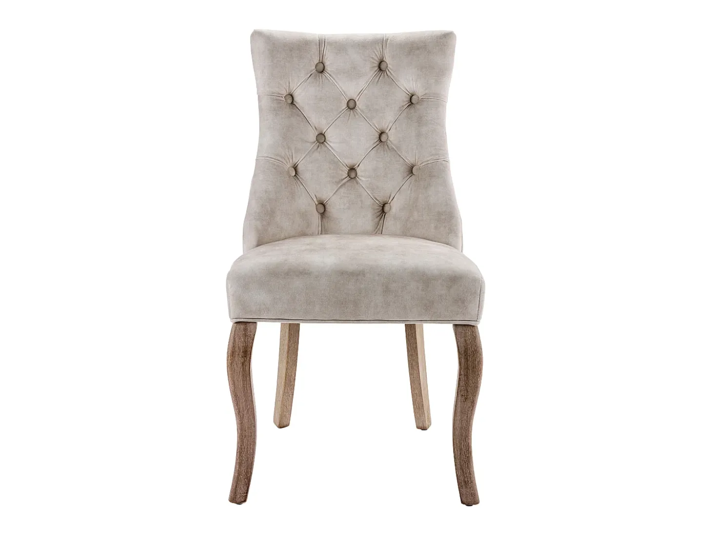 Conjunto de 6 sillas de terciopelo beige claro con patas de madera curvadas y botones decorativos.