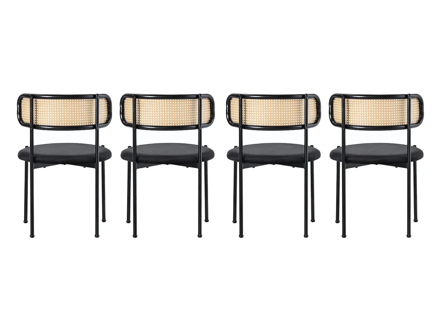 Conjunto de 4 sillas de terciopelo con respaldo de ratán y patas de metal negro - negro