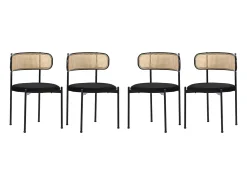 Conjunto de 4 sillas de terciopelo con respaldo de ratán y patas de metal negro - negro