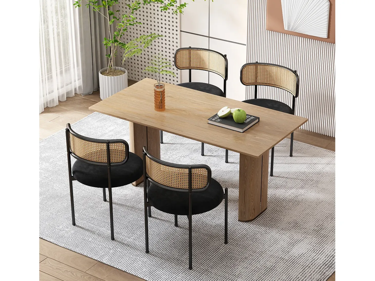 Conjunto de 4 sillas de terciopelo con respaldo de ratán y patas de metal negro - negro