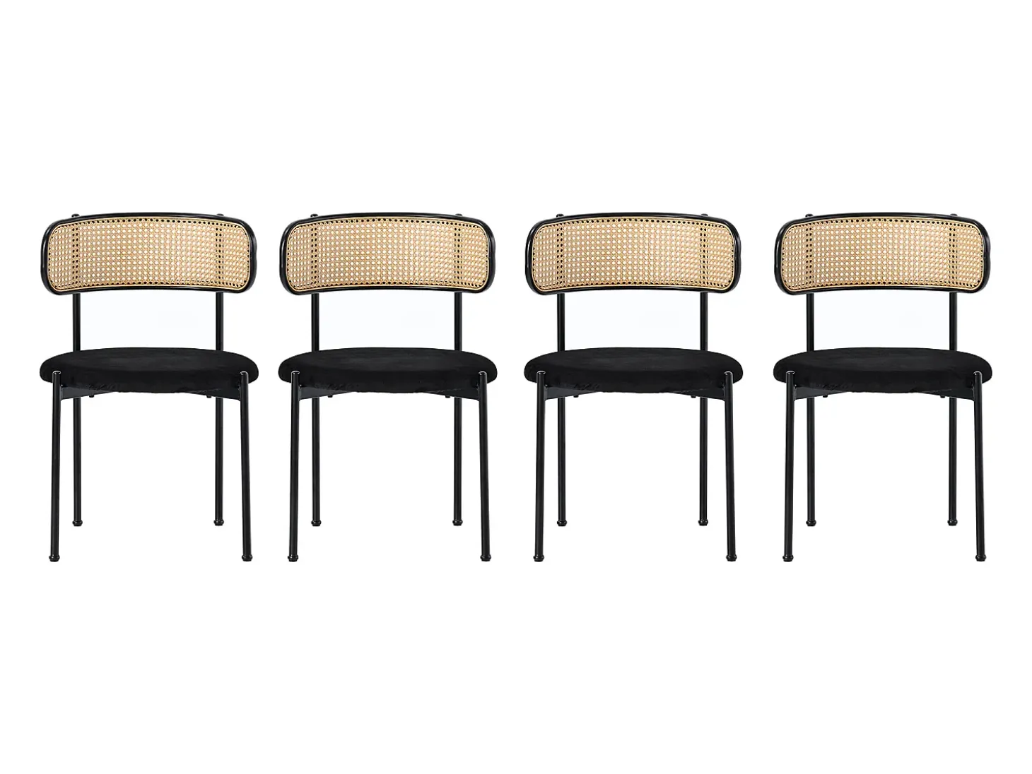 Conjunto de 4 sillas de terciopelo con respaldo de ratán y patas de metal negro - negro