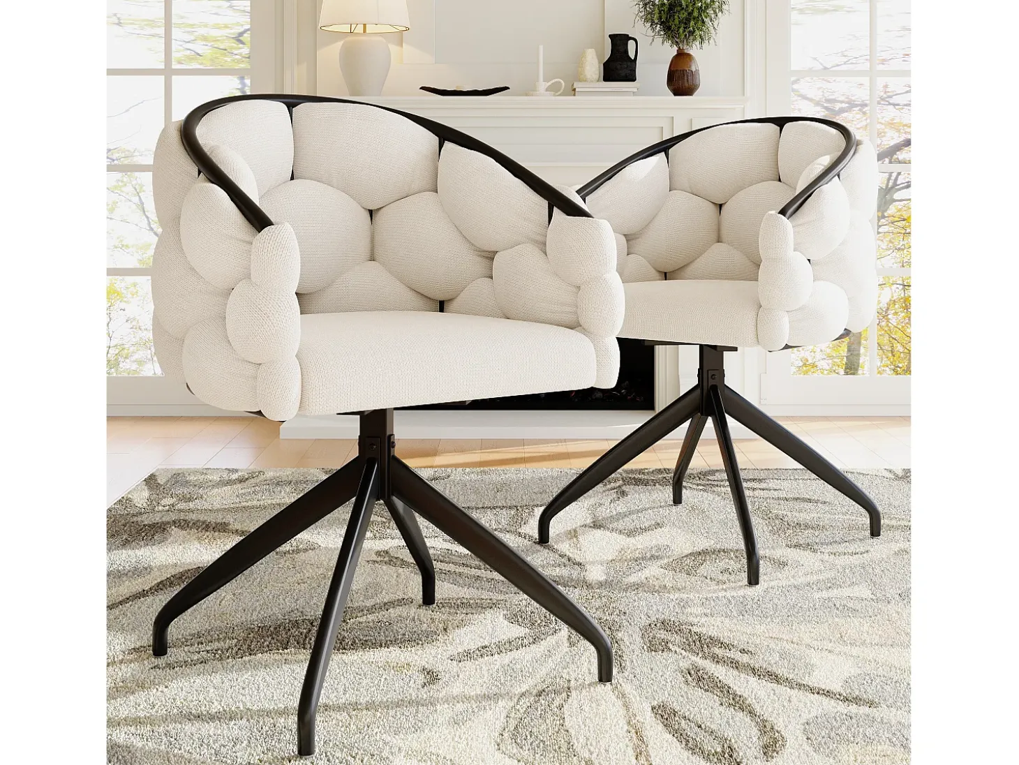 Conjunto de 2 sillas giratorias en terciopelo beige con estructura de metal negro.