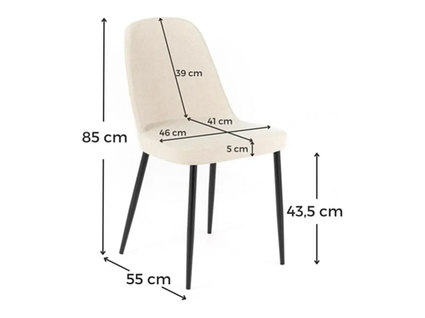 Conjunto de 4 sillas modernas en tejido beige "Giglio" con patas de metal pintado, 46x55 cm, alto 85 cm.