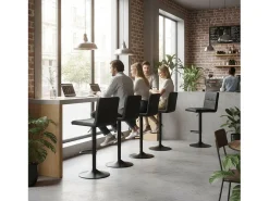 Conjunto de 4 taburetes de bar ajustables en altura con respaldo y reposapiés, cuero sintético negro moderno