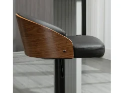 Conjunto de 2 taburetes de bar giratorios, regulables en altura, de piel sintética negra y madera, con reposapiés (48x49,5x76-96cm)