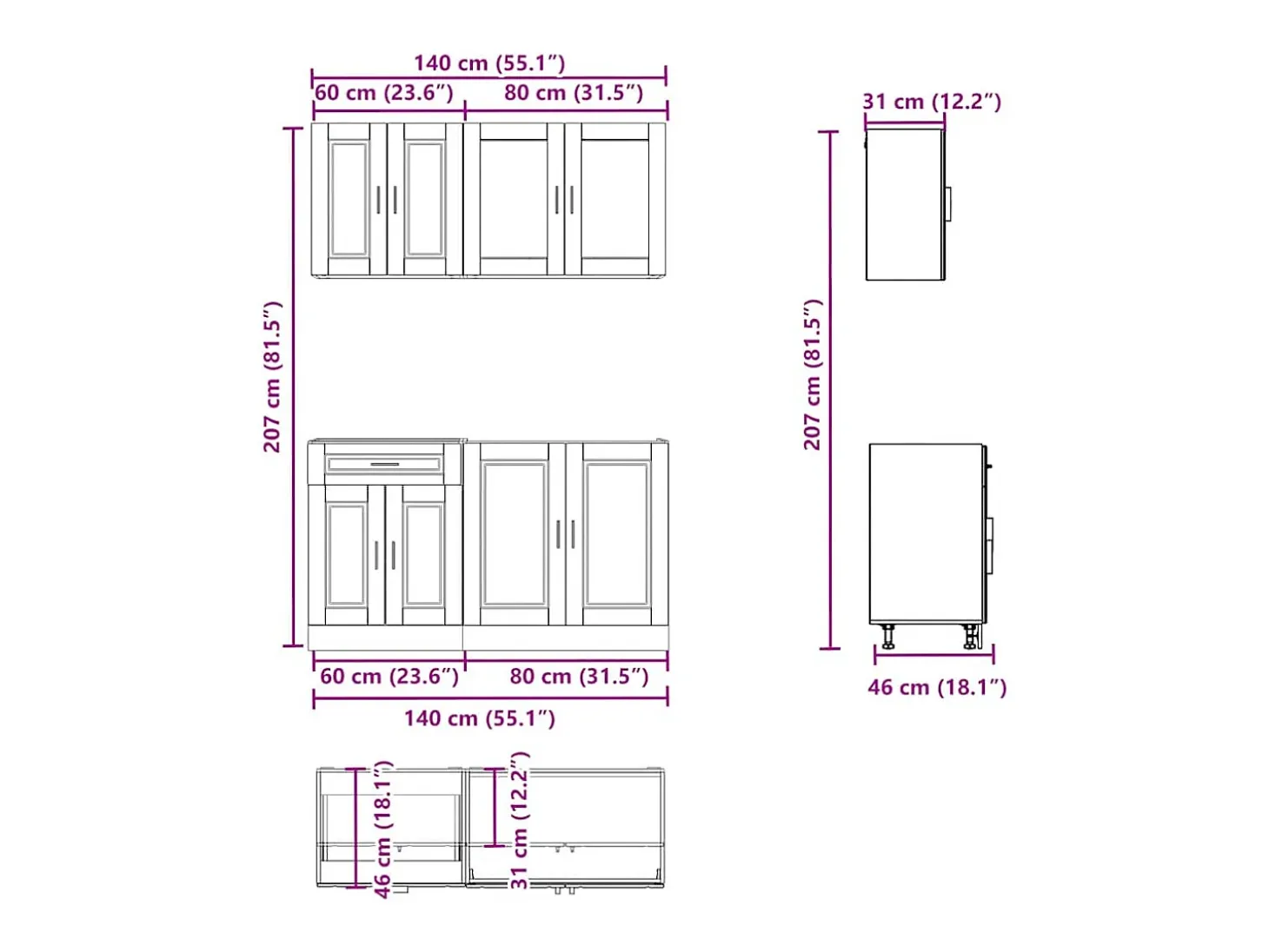 Conjunto de armarios de cocina "Porto" de 4 piezas de madera de ingeniería negra