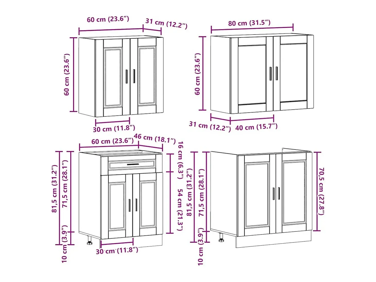 Conjunto de armarios de cocina "Porto" de 4 piezas de madera de ingeniería negra
