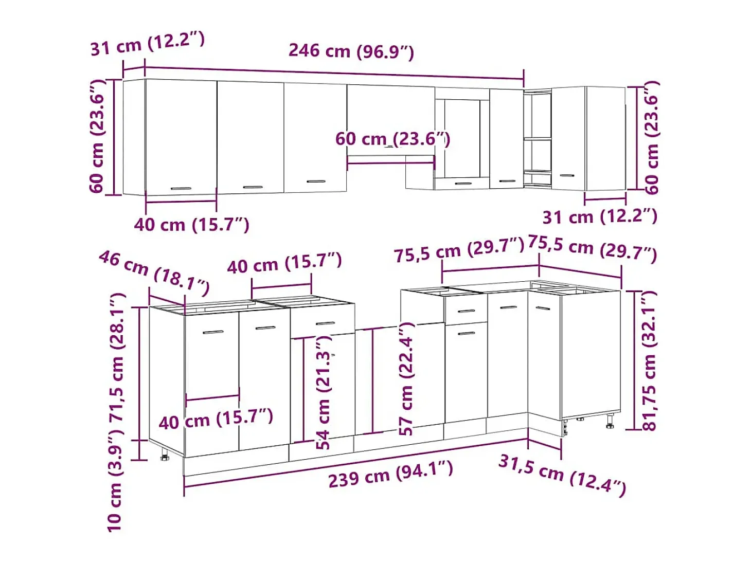 Conjunto de armarios de cocina de 11 piezas "Lyon" de madera de ingeniería de roble artesanal