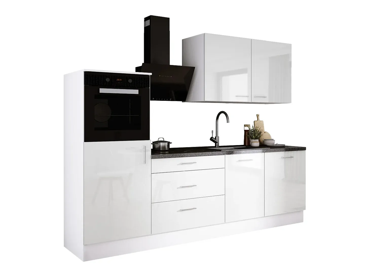 Conjunto de cocina: Blanco Mate, Blanco Brillo, dimensiones: largo: 250 cm, alto: 220 cm, fondo: 60 cm