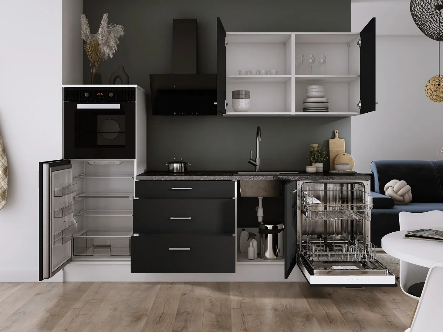 Conjunto de cocina: Blanco Mate, Negro Mate, dimensiones: largo: 250 cm, alto: 220 cm, fondo: 60 cm