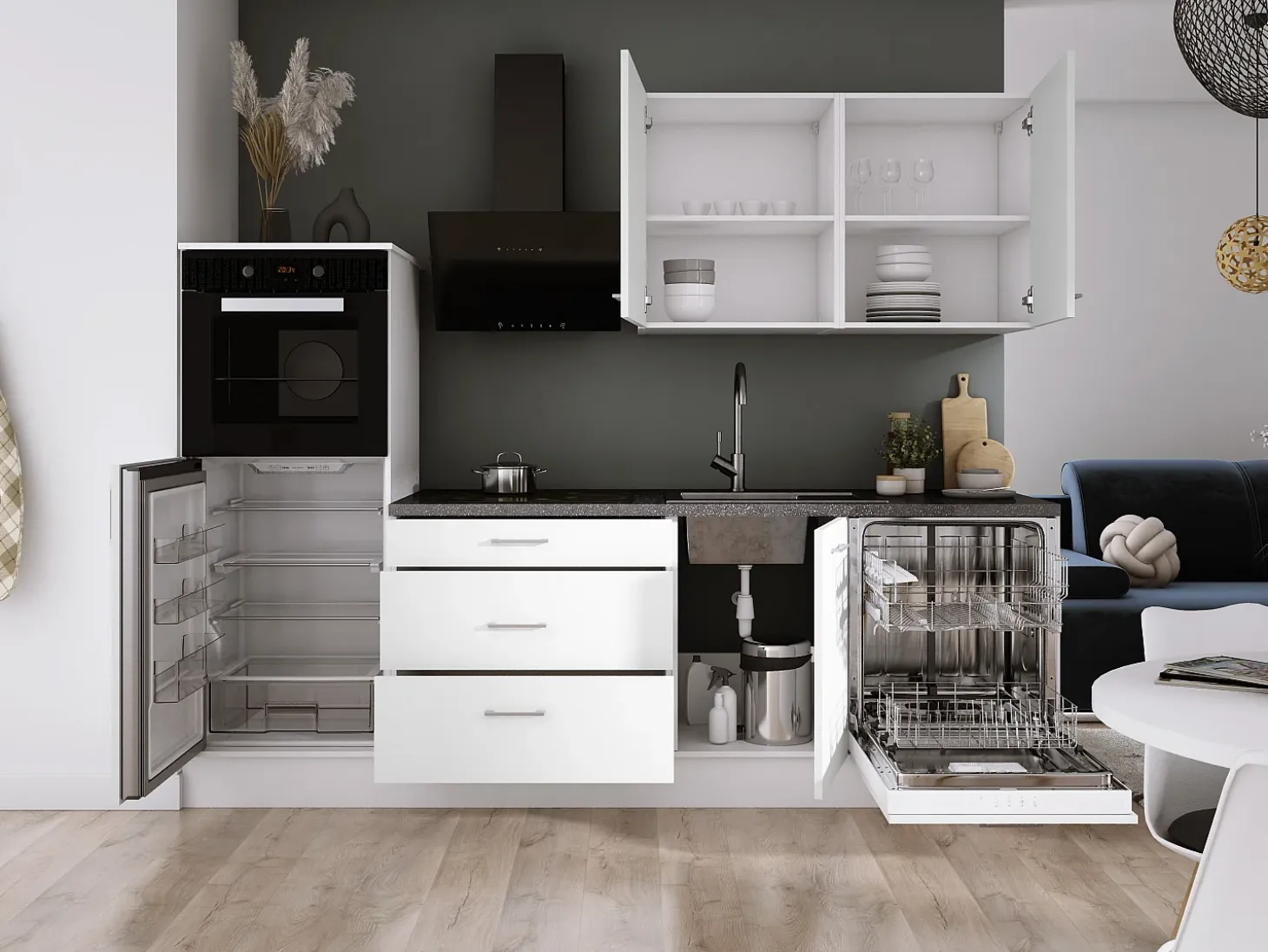 Conjunto de cocina: Blanco Mate, dimensiones: largo: 250 cm, alto: 220 cm, fondo: 60 cm