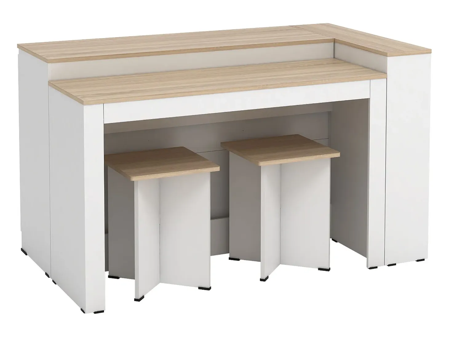 Conjunto de isla de cocina + 2 taburetes - Blanco y natural claro - NUSICE