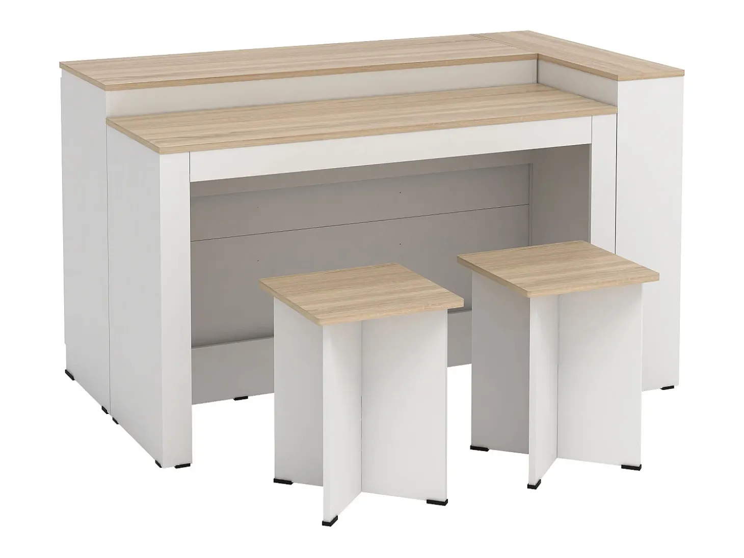 Conjunto de isla de cocina + 2 taburetes - Blanco y natural claro - NUSICE