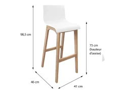 Conjunto de taburetes de bar TANNA de roble de 75 cm con asiento de plástico blanco
