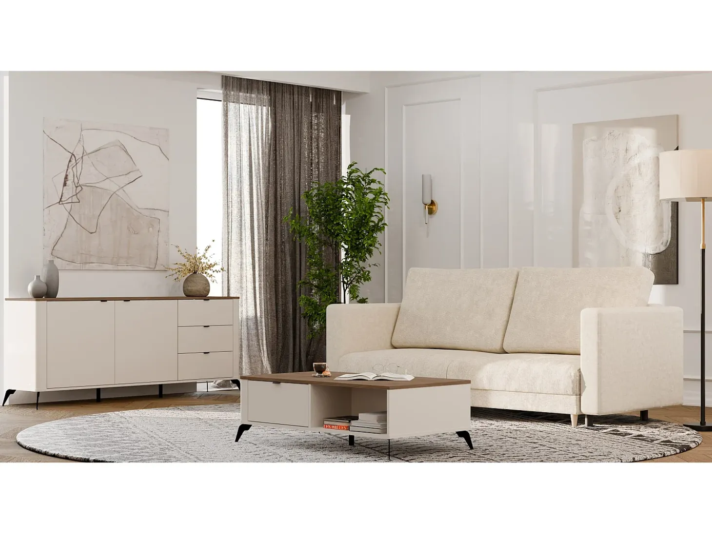 CORDOBA 2D3S - Cómoda con 2 puertas, 3 cajones y cierre suave - Roble Castello / Beige Cachemir