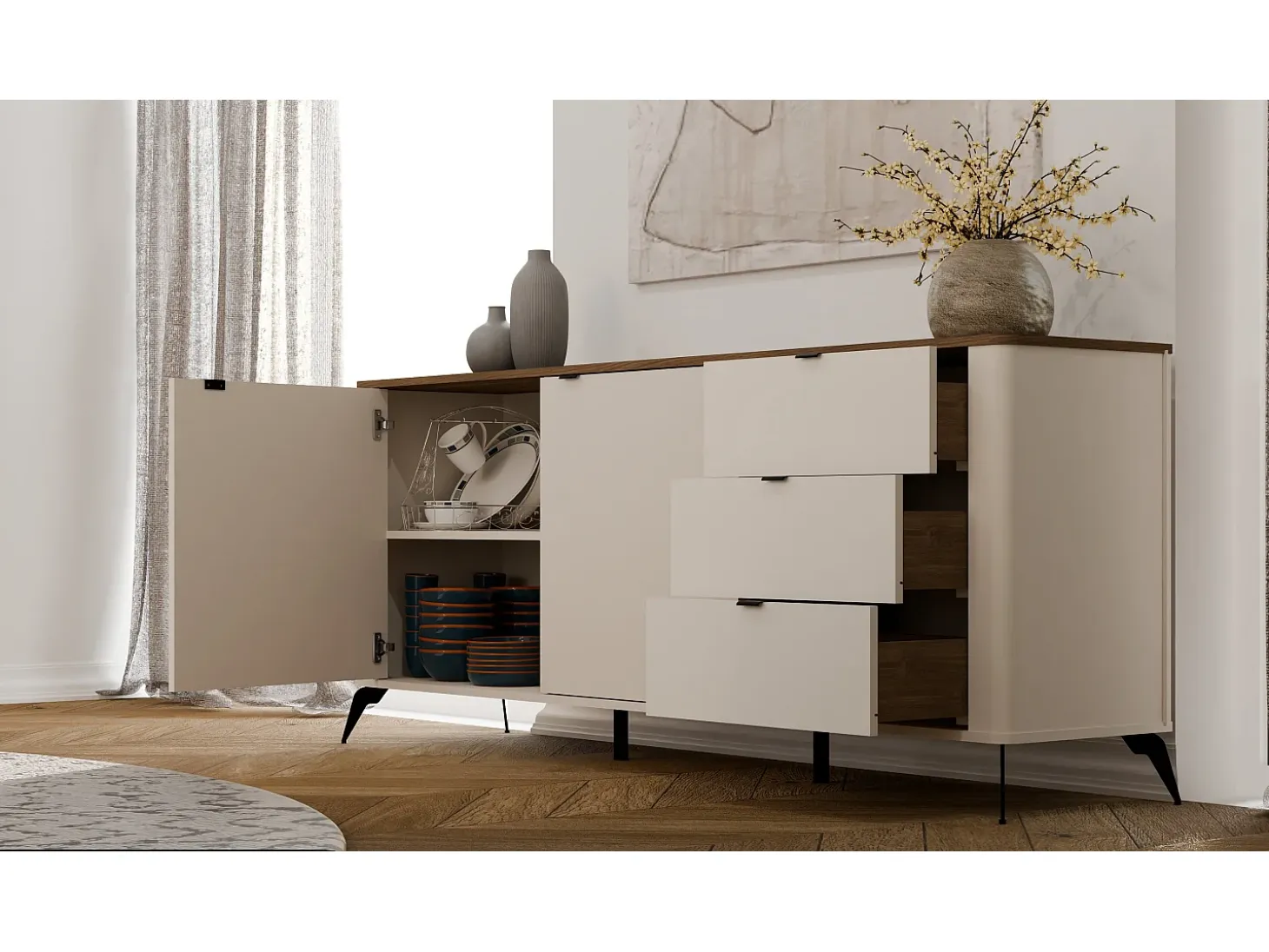 CORDOBA 2D3S - Cómoda con 2 puertas, 3 cajones y cierre suave - Roble Castello / Beige Cachemir