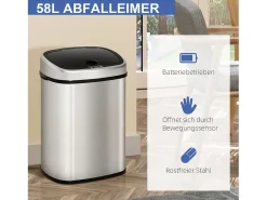Cubo de basura automático con sensor infrarrojo, acero inoxidable, 58L, color plata (40,9x28,9x68 cm)