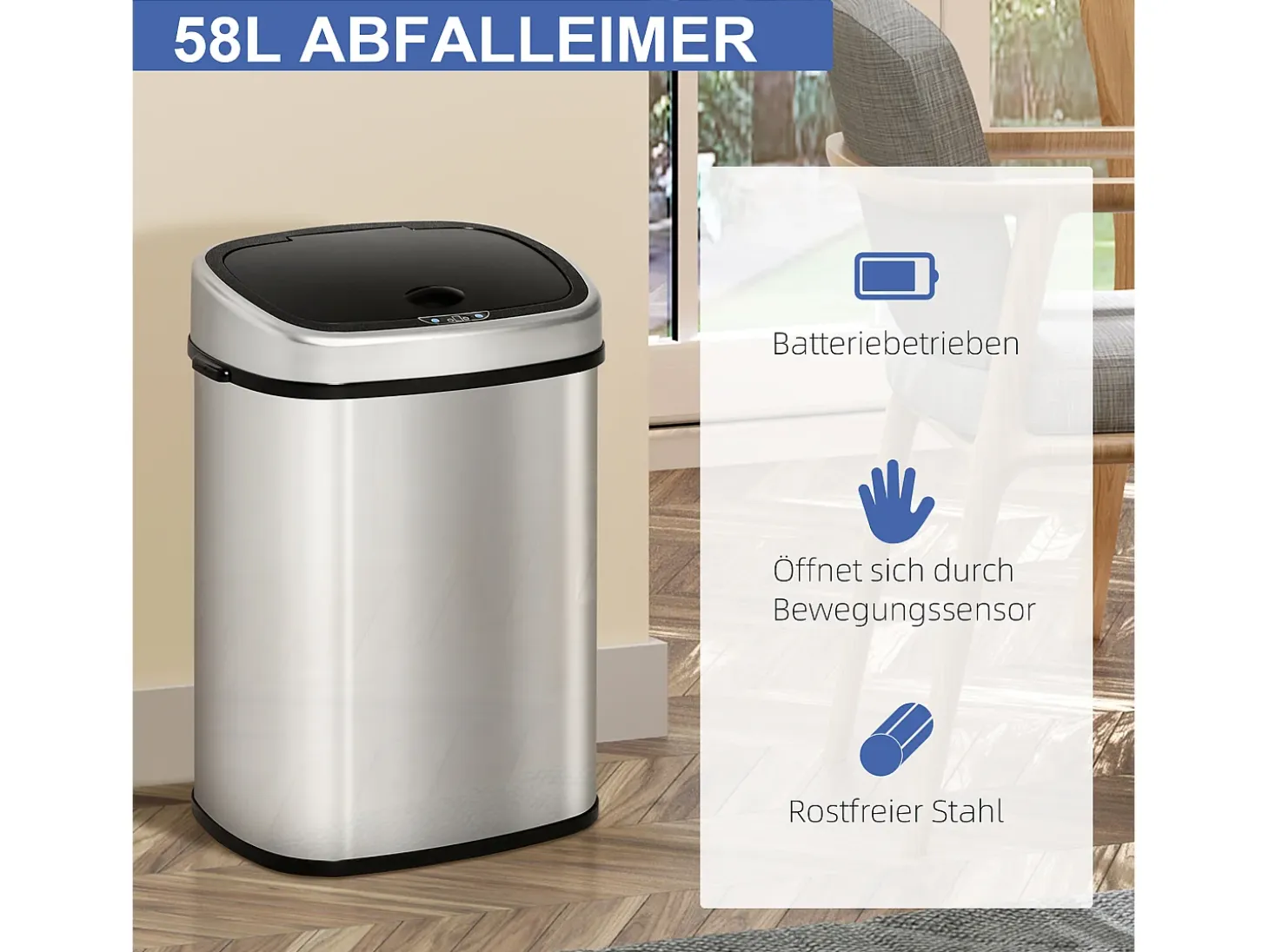 Cubo de basura automático con sensor infrarrojo, acero inoxidable, 58L, color plata (40,9x28,9x68 cm)