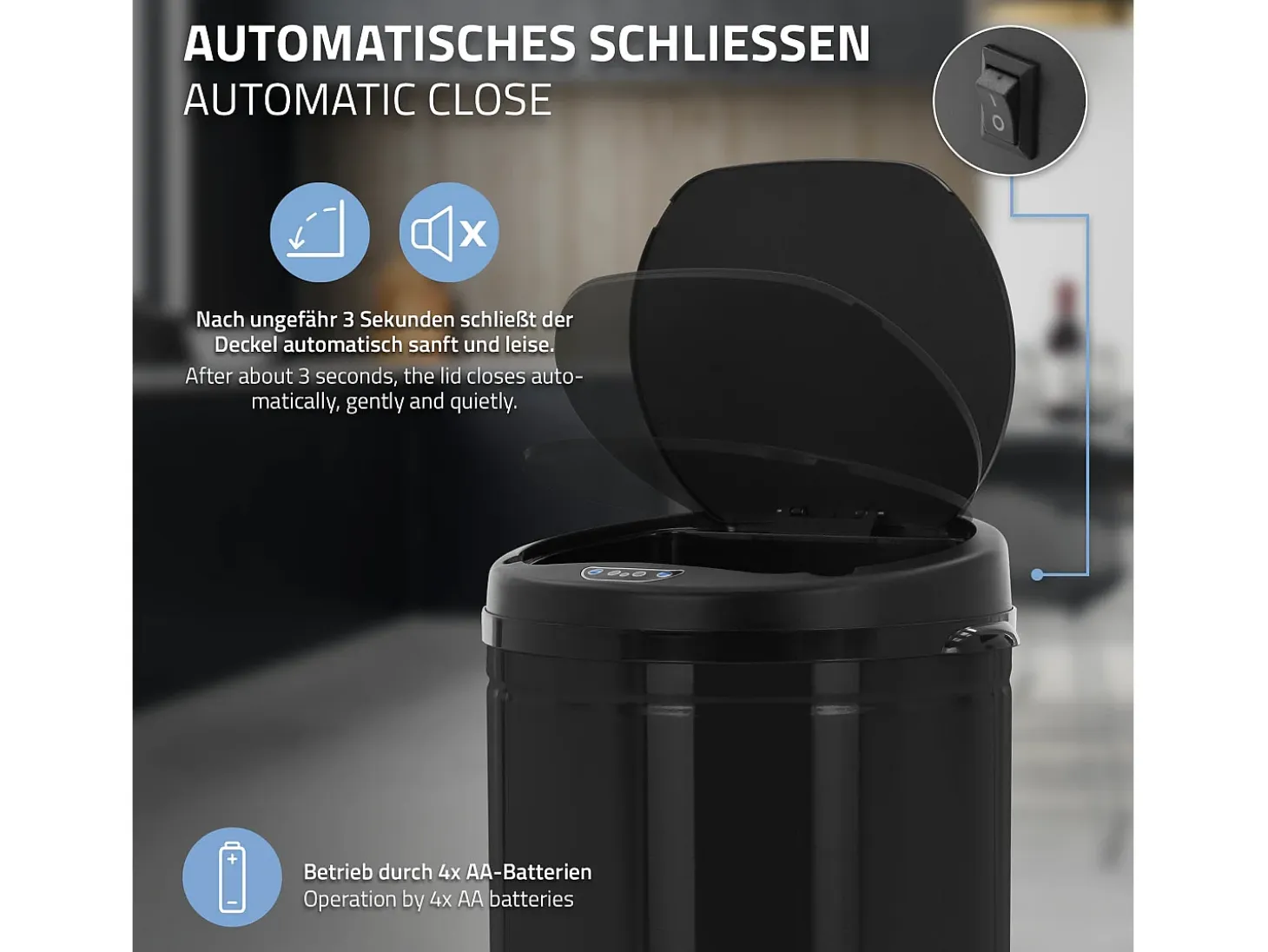 Cubo de basura 30L negro papelera con sensor movimiento cesta con pantalla LED