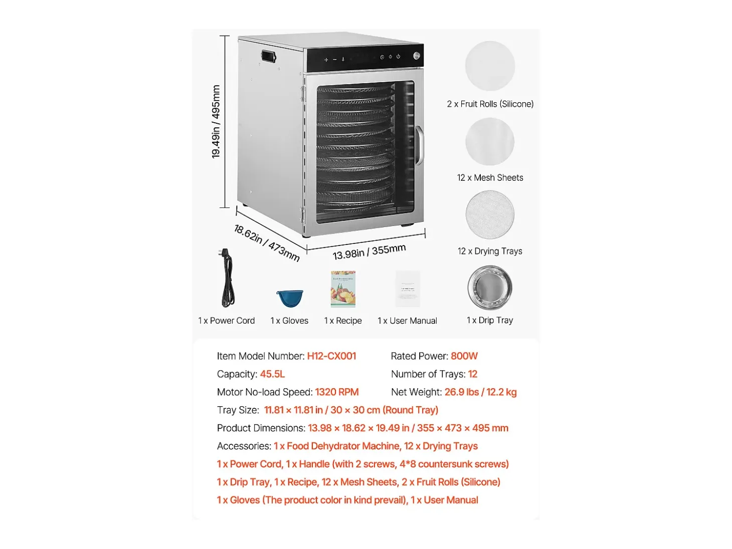 Deshidratador de Alimentos SucceBuy Deshidratador Rotatorio de Alimentos, 12 Bandejas, Acero Inoxidable, 800 W, para Deshidratar Fruta
