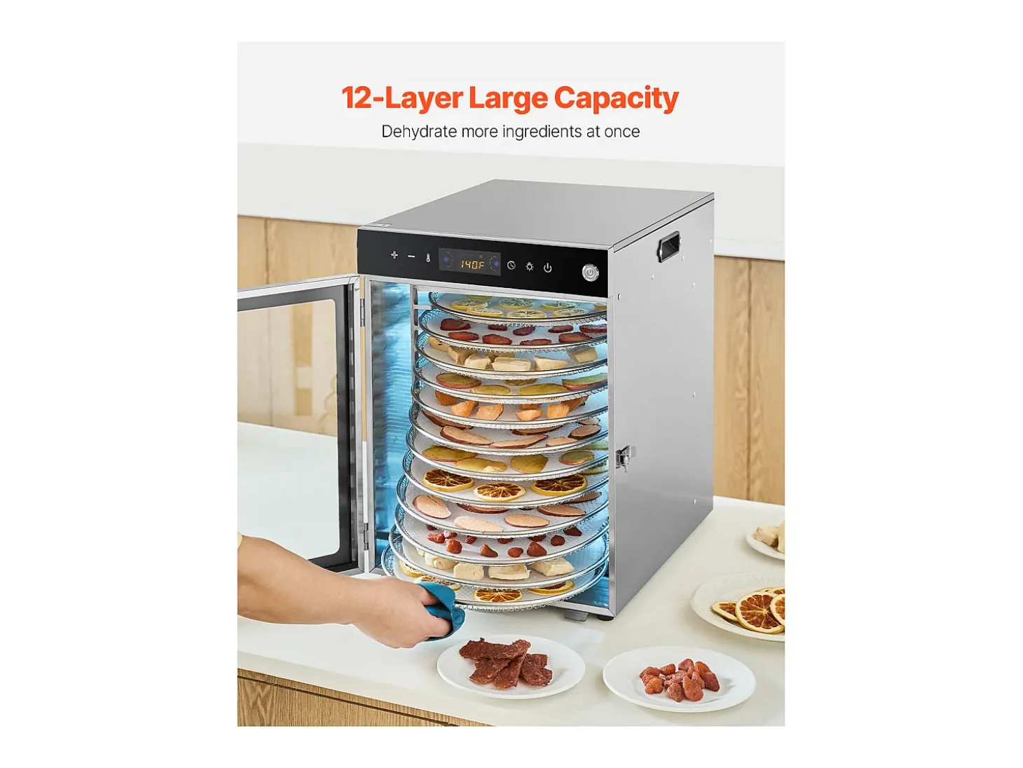 Deshidratador de Alimentos SucceBuy Deshidratador Rotatorio de Alimentos, 12 Bandejas, Acero Inoxidable, 800 W, para Deshidratar Fruta