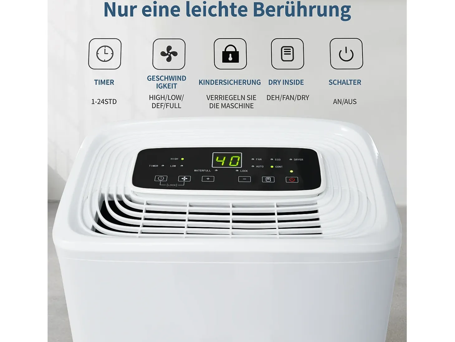 Deshumidificador 12L/día, 3 en 1, Deshumidificador, Purificador y Secador de Aire, Tanque de 1.5L, Temporizador de 24h, Pantalla LED, para 15㎡, Blanco