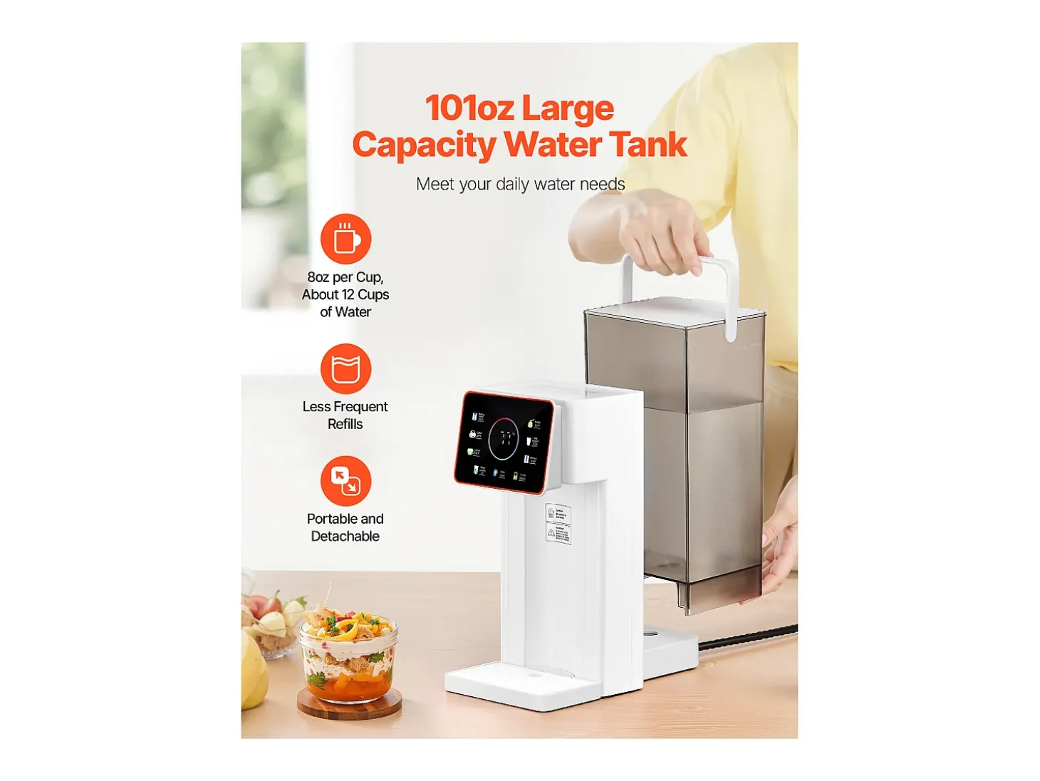 Dispensador de Agua SucceBuy Caliente Instantánea de Mostrador, Fuente de Agua Caliente con Depósito Extraíble de 3 L, 6 Temperaturas Ajustables y 8 Volúmenes