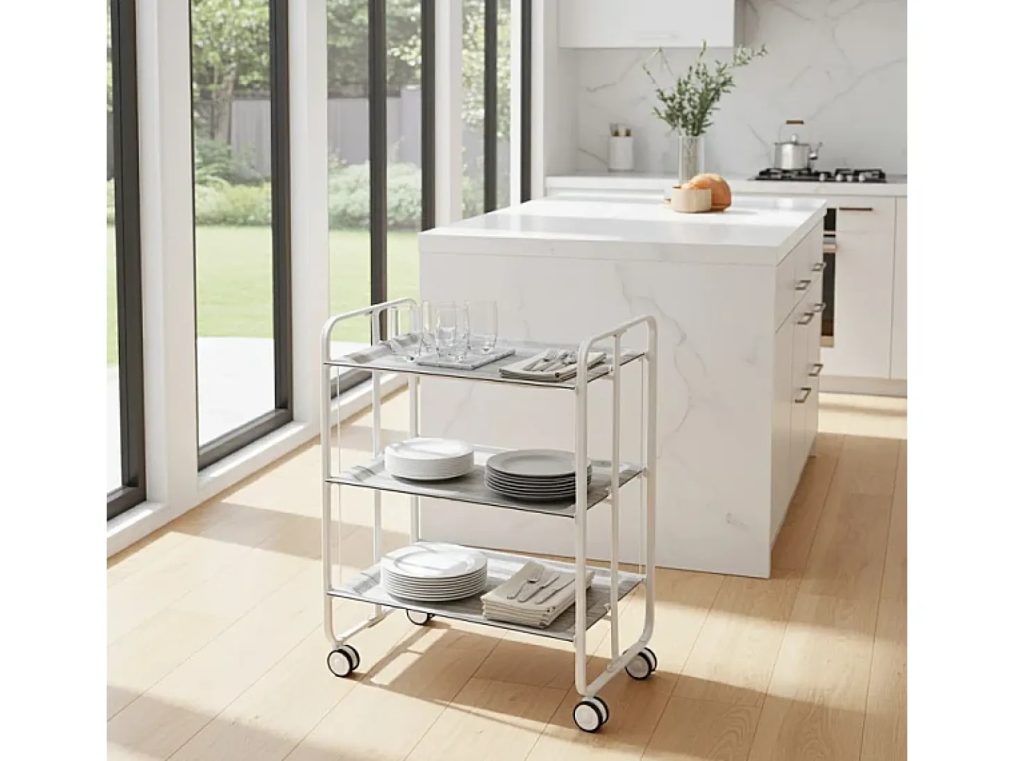 DON HIERRO - Carrito auxiliar plegable BAUHAUS blanco con ruedas – 3 niveles y 3 posiciones-