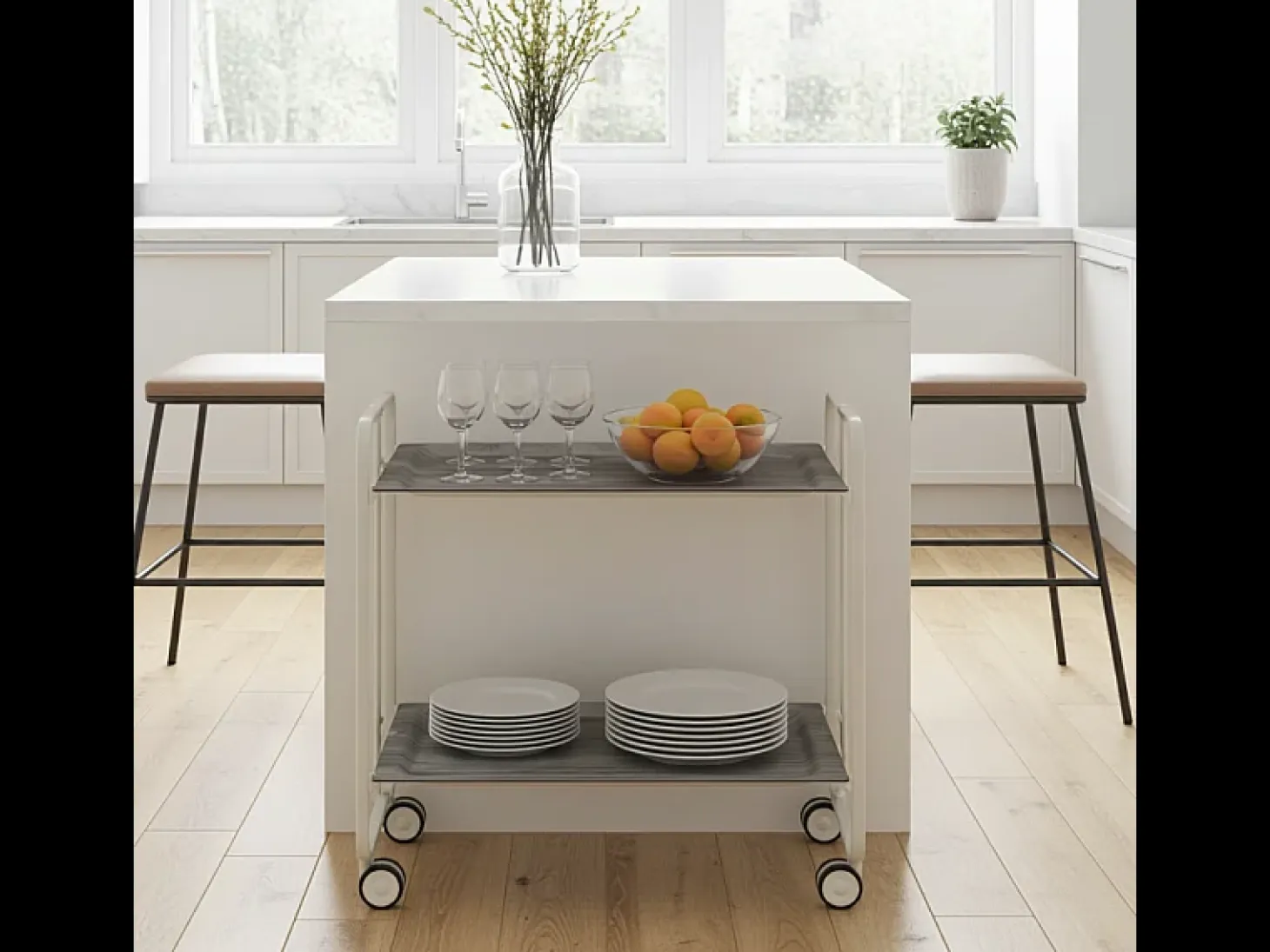 DON HIERRO - Carrito auxiliar plegable BAUHAUS con ruedas - Armazón metálico blanco, 2 niveles y 4 posiciones ajustables-Pino envejecido
