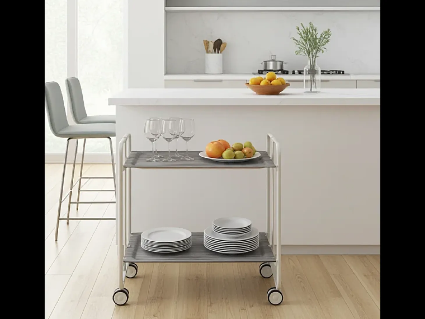 DON HIERRO - Carrito auxiliar plegable BAUHAUS con ruedas - Armazón metálico blanco, 2 niveles y 4 posiciones ajustables-Pino envejecido