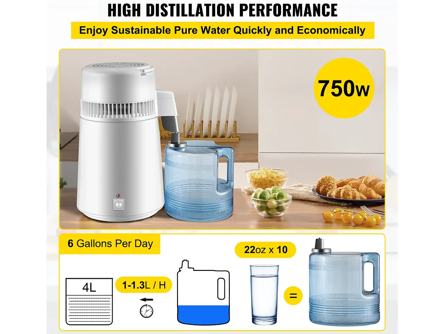 Electrodoméstico Pequeño SucceBuy Destilador de Agua Pura 4 L, Filtro Purificador de Agua 1 L/H, Casa Médica Dental, 220 V