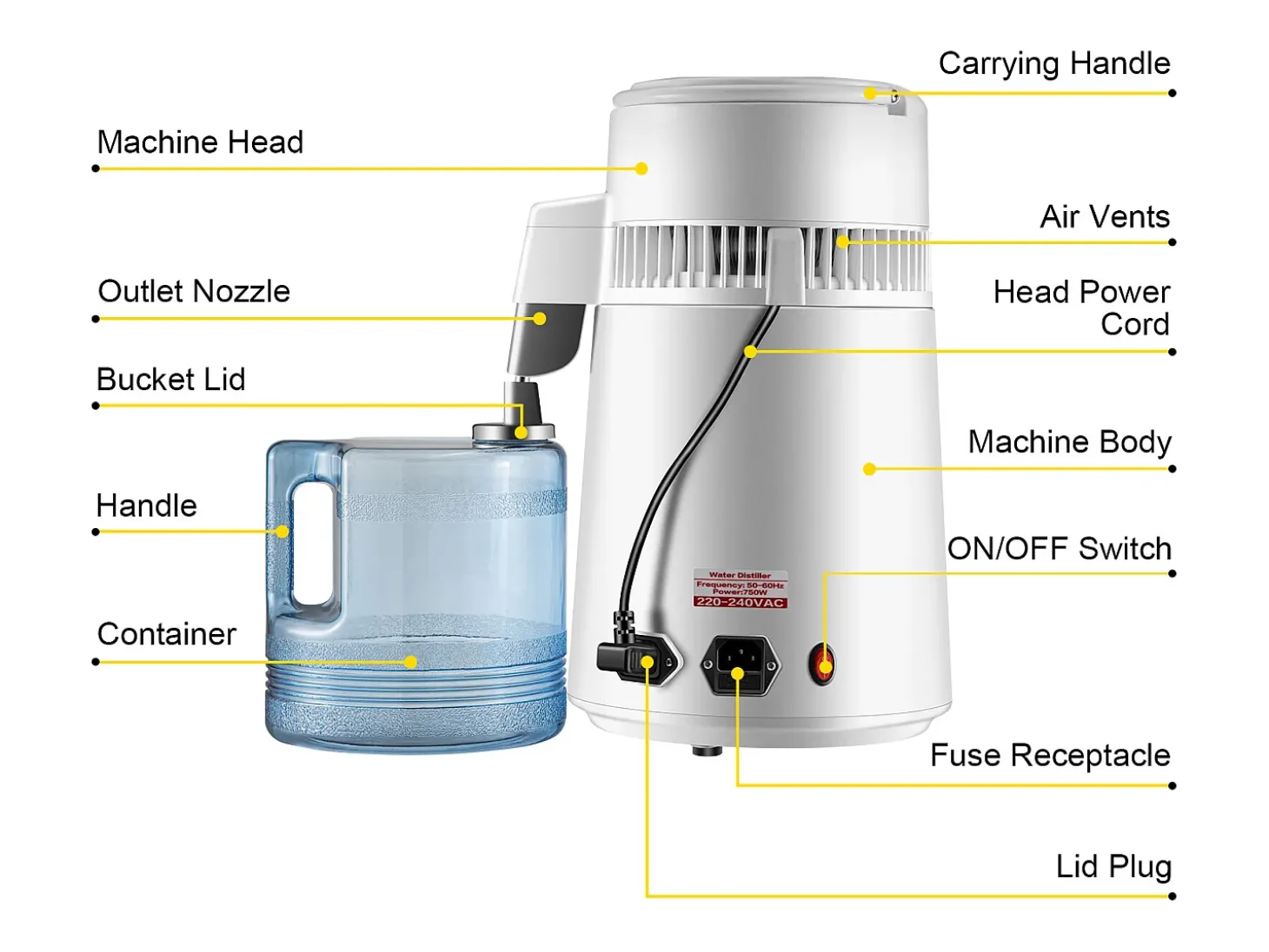 Electrodoméstico Pequeño SucceBuy Destilador de Agua Pura 4 L, Filtro Purificador de Agua 1 L/H, Casa Médica Dental, 220 V