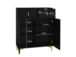Elegante aparador con paneles texturizados, estantes regulables y detalles dorados, fabricado en tablero de partículas, color negro (83x35x101 cm)