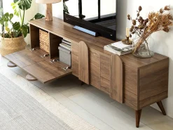 Elegante mueble de TV de nogal, 180 cm x 50 cm x 35 cm | Tablero aglomerado 100% melaminizado, 18 mm de grosor, cantos de PVC | Diseño moderno para el salón