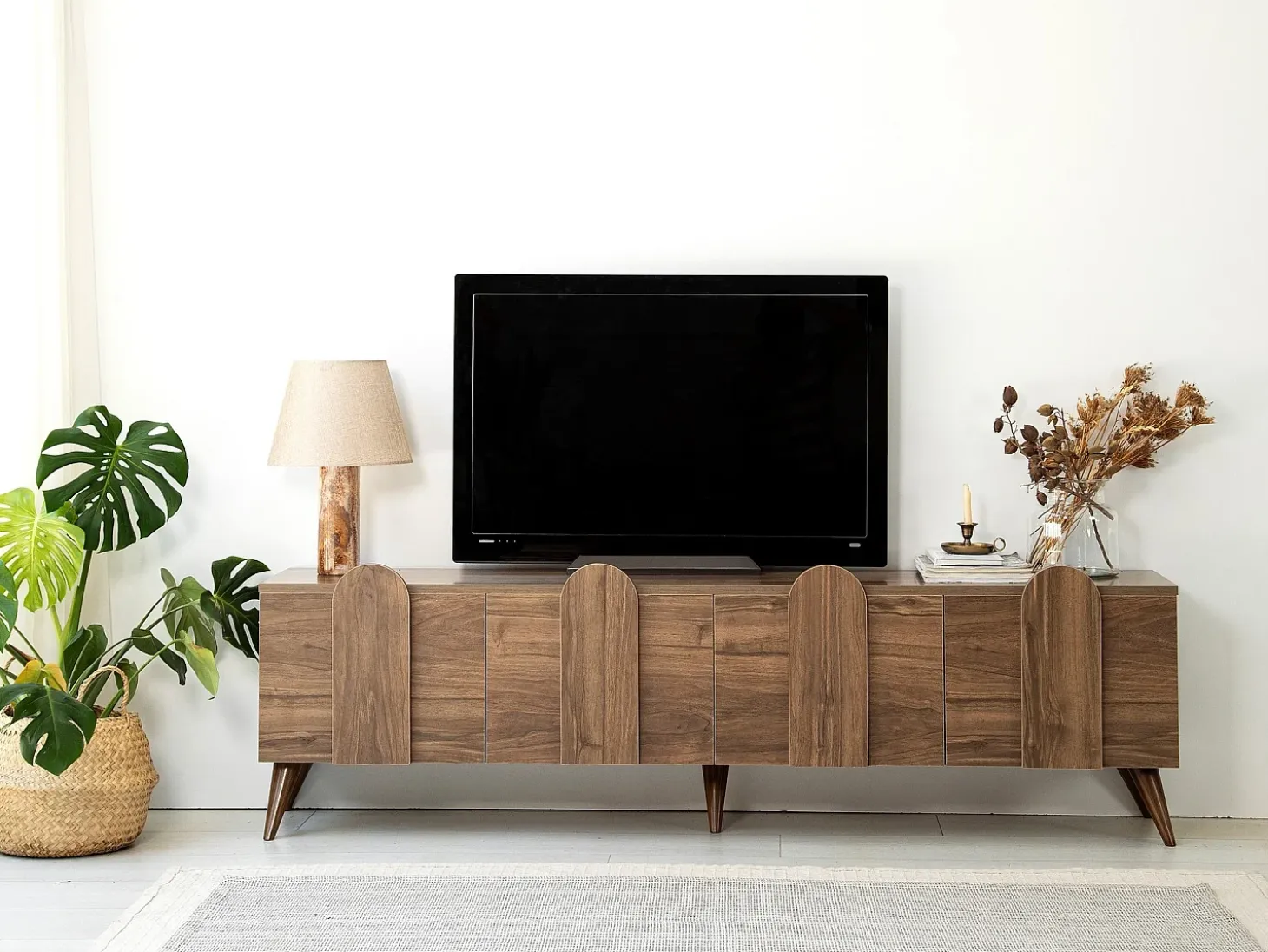 Elegante mueble de TV de nogal, 180 cm x 50 cm x 35 cm | Tablero aglomerado 100% melaminizado, 18 mm de grosor, cantos de PVC | Diseño moderno para el salón