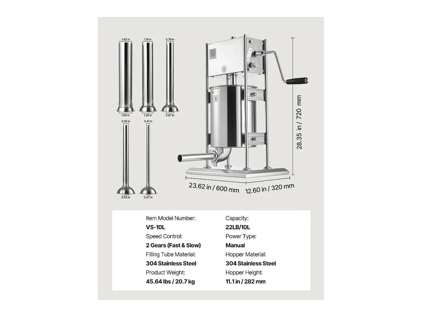 Embutidora de Salchichas SucceBuy Manual Capacidad 10 L, Máquina de Salchichas Vertical de Acero Inoxidable, Envasadora a Doble Velocidad, con 5 Tubos de Llenado