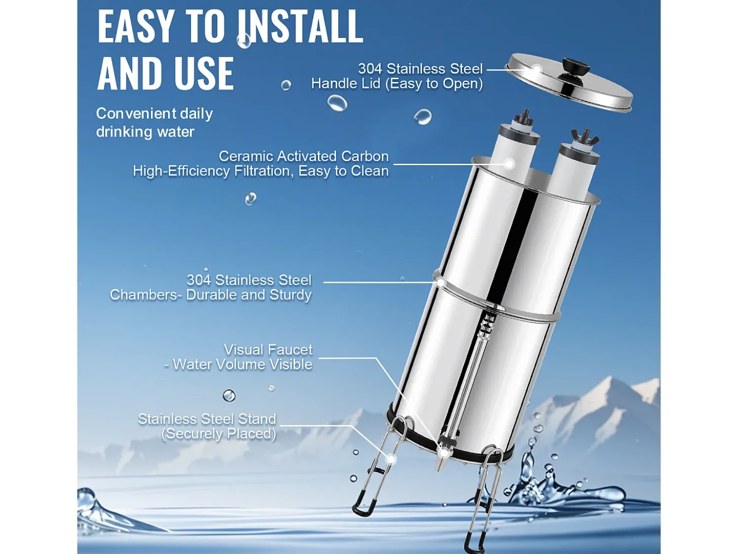 Filtro de Agua Alimentado por Gravedad SucceBuy, Sistema de Filtración de Agua por Gravedad 8,5 L 2 Filtros