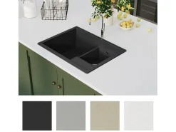 Fregadero de cocina de granito negro y dos lavabos con orificio de desbordamiento