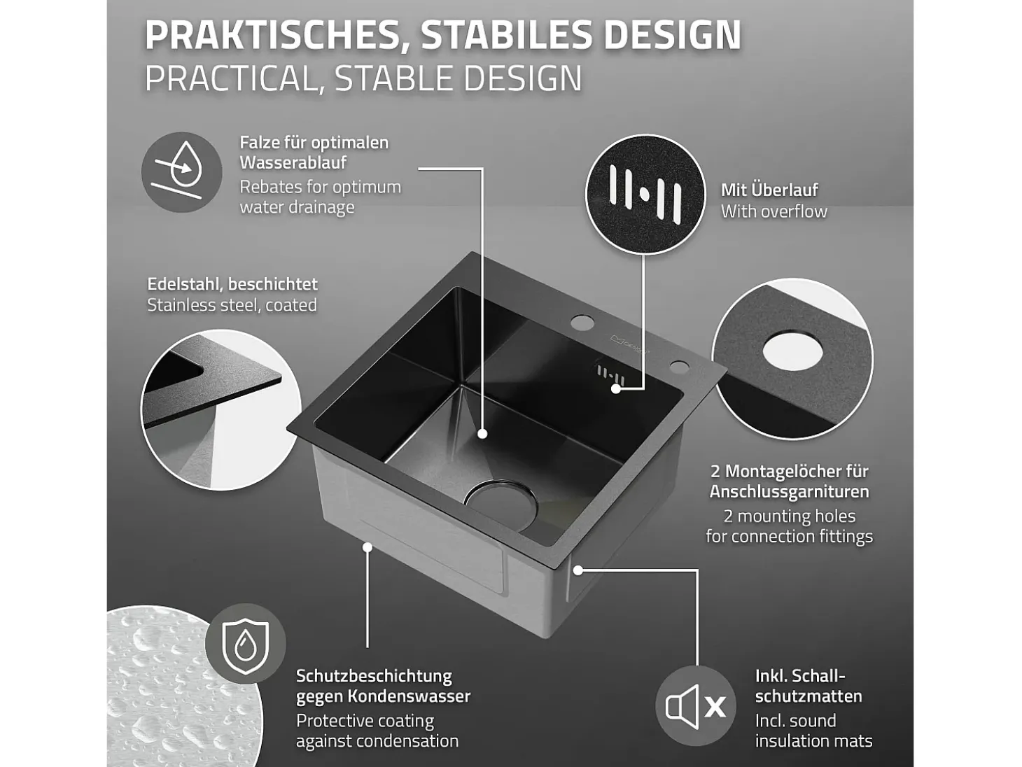 Fregadero de cocina de un seno 45x45 cm lavabo antracita con desagüe/dosificador