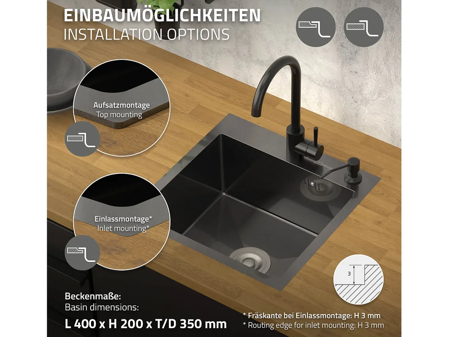 Fregadero de cocina de un seno 45x45 cm lavabo antracita con desagüe/dosificador