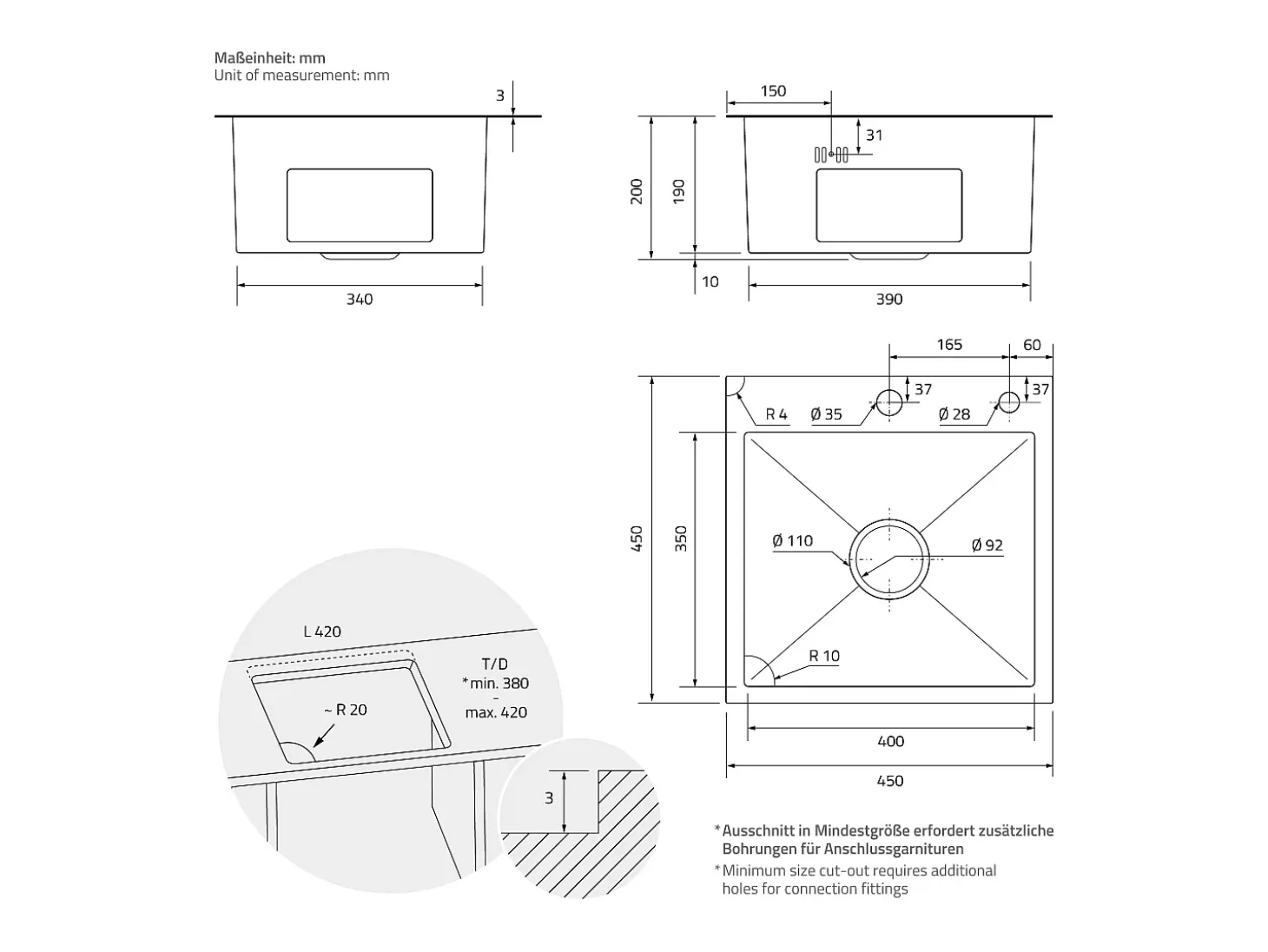 Fregadero de cocina de un seno 45x45 cm lavabo antracita con desagüe/dosificador
