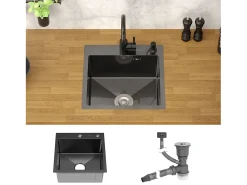 Fregadero de cocina de un seno 45x45 cm lavabo antracita con desagüe/dosificador