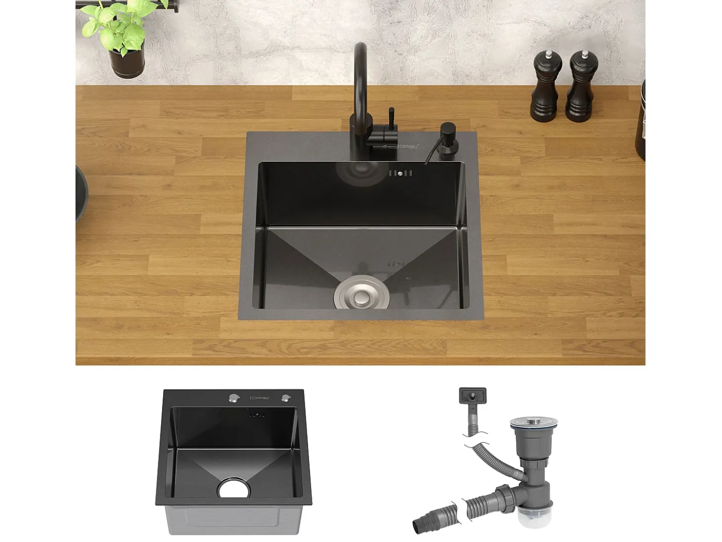 Fregadero de cocina de un seno 45x45 cm lavabo antracita con desagüe/dosificador