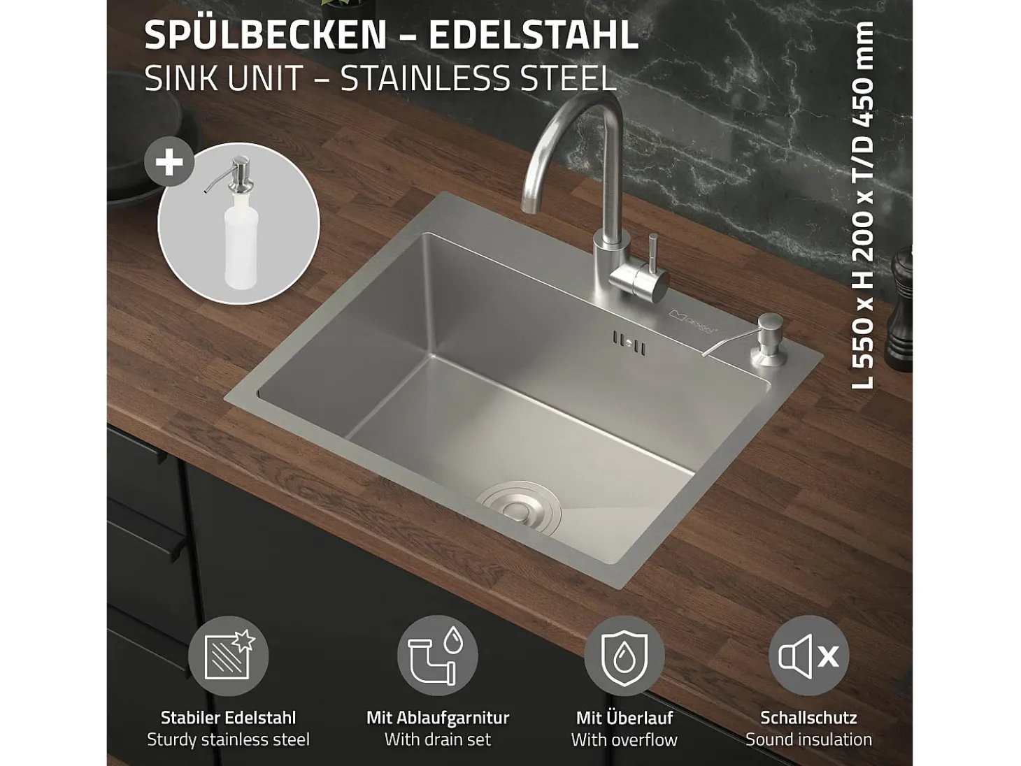 Fregadero de cocina de un seno 55x45 cm lavabo con desagüe dosificador de jabón